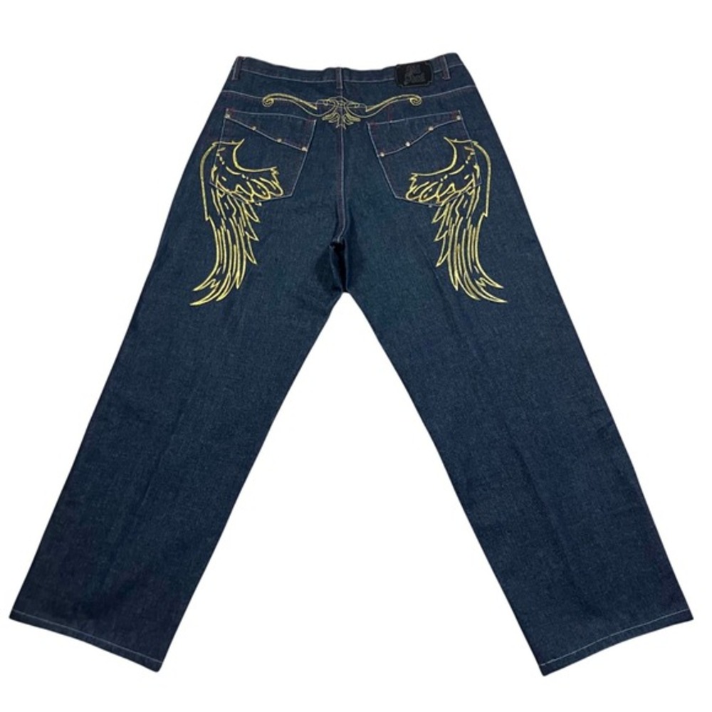 Old Skool Y2K Grunge Angel Wings Cross Baggy Denim‎ Mens Embroidered Jeans